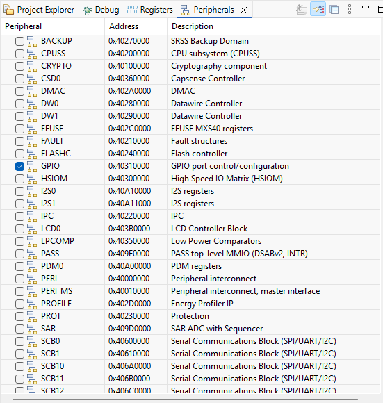 18 ModusToolbox Debug PeripheralsView