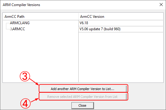 Dialog ARMCompilerVersions